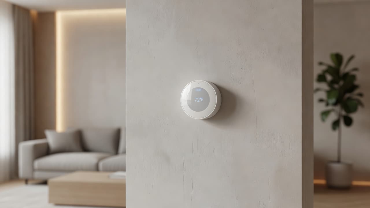 A sleek digital thermostat mounted on a textured neutral wall.