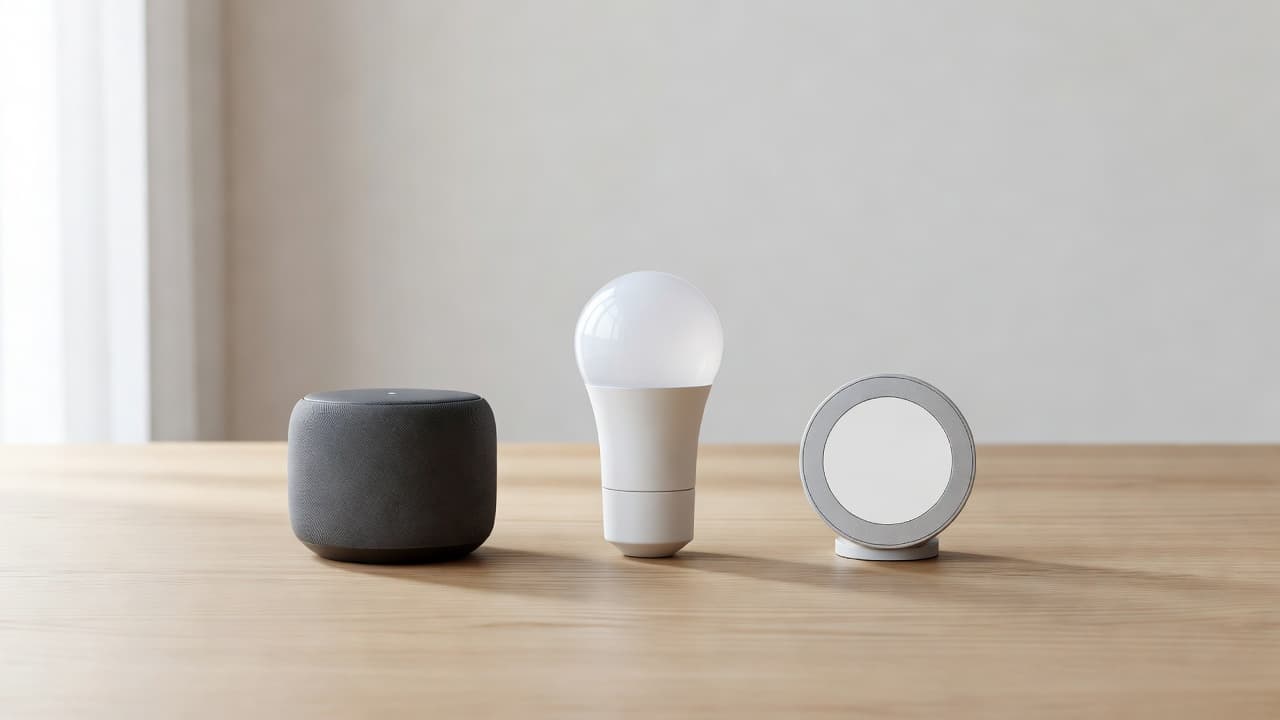 A smart speaker, bulb, and thermostat displayed together on a wooden table.